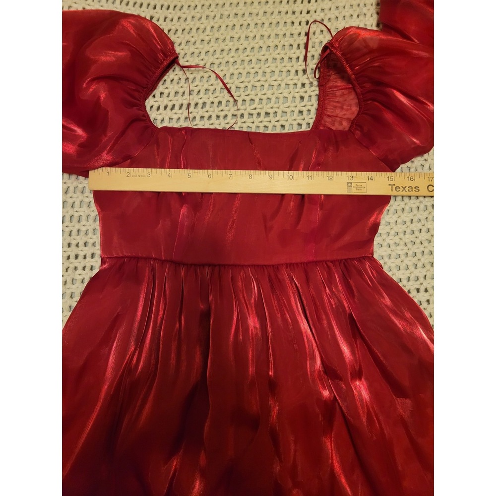 Red Babydoll Minidress Sheer Puff Sleeves Ruffled Cuffs Square Neckline Medium - Picture 6 of 10